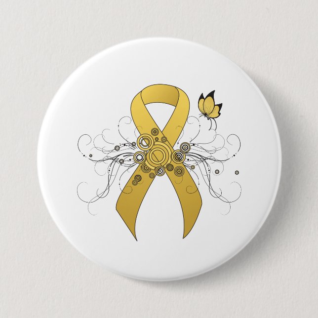 Gold awareness Ribbon with Butterfly 7.5 Cm Round Badge (Front)