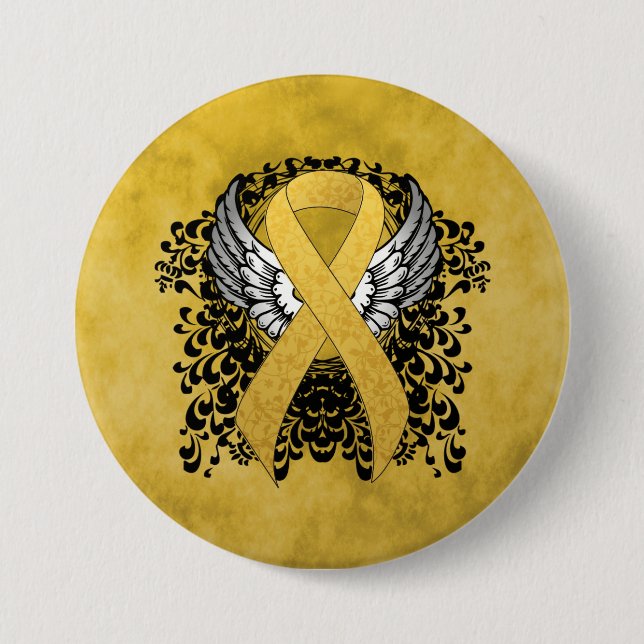 Gold Awareness Ribbon with Wings 7.5 Cm Round Badge (Front)