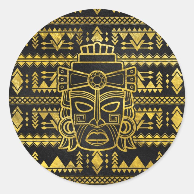 Gold  Aztec Inca Mayan Mask Classic Round Sticker (Front)