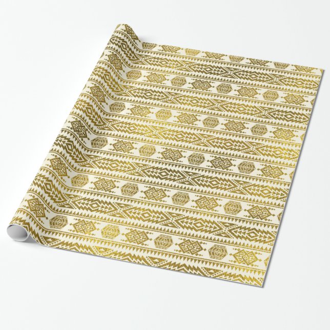 Gold  Aztec Peruvian Tribal Pattern Wrapping Paper (Unrolled)