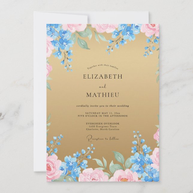 Gold Azure Watercolor Wedding Invitation (Front)