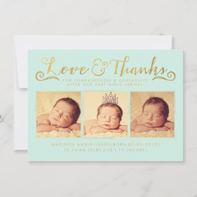 Gold Baby Birth Announcement 3 Photo Template (Front)
