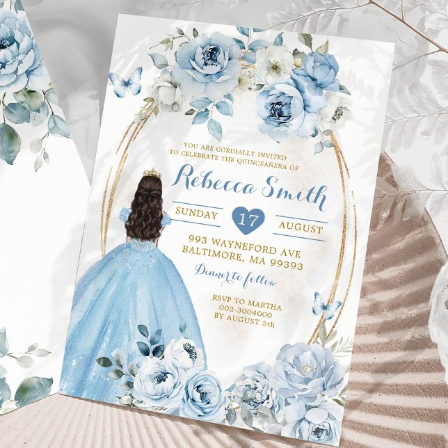 Gold Baby Blue Floral Princess Quinceañera Invitation (Creator Uploaded)