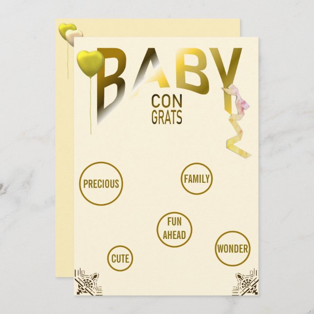 Gold Baby Congrats & Sentiments, Balloons, Ribbon Invitation (Front/Back)