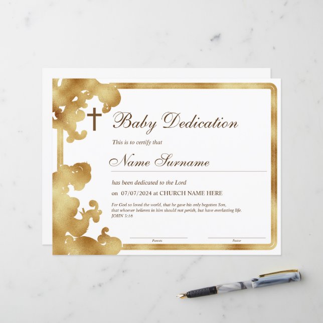 Gold Baby Dedication Certificate, Baptism (Front/Back In Situ)