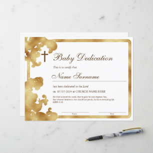 Gold Baby Dedication Certificate, Baptism