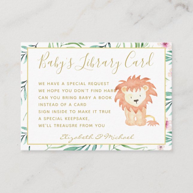 Gold Baby Library Book Request Lion Jungle Safari Enclosure Card (Front)