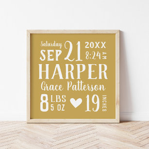 Gold Baby Name and Birth Stats   Editable Colours Poster