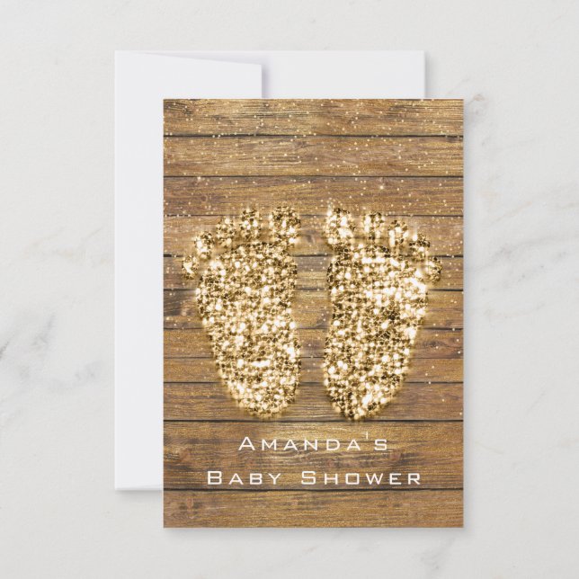 Gold Baby Shower Feet Wood Rustic Girl Boy Invitation (Back)