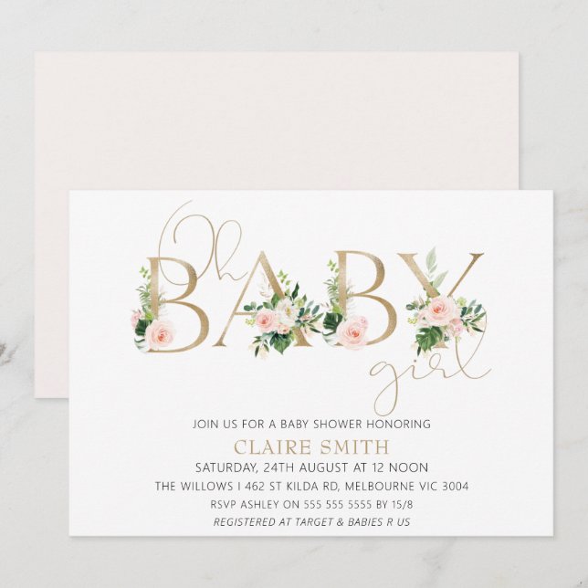 Gold Baby Word Floral Girls Baby Shower Invitation (Front/Back)