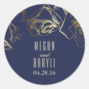 Gold Baby's Breath and Roses Navy Wedding Classic Round Sticker