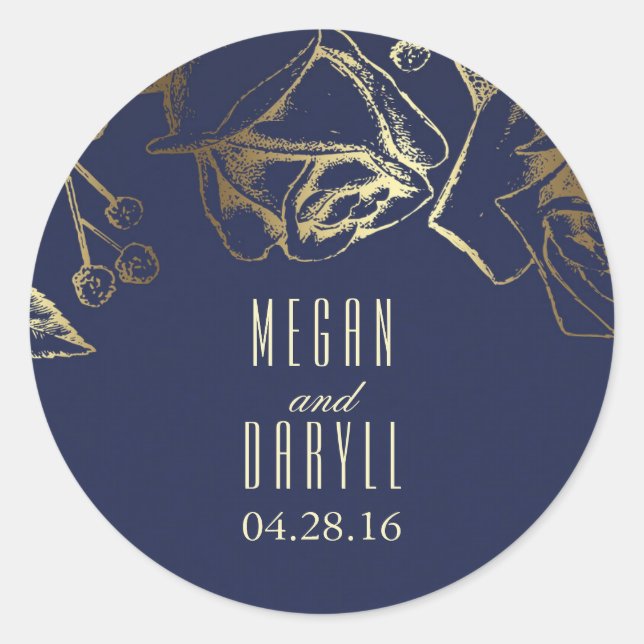 Gold Baby's Breath and Roses Navy Wedding Classic Round Sticker (Front)