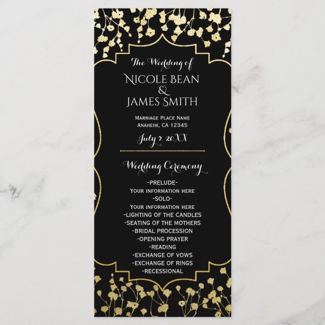 Gold Baby's Breath Floral Black Wedding Program Programme (Front)