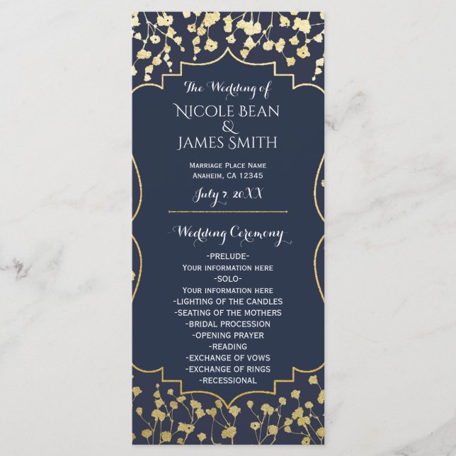 Gold Baby's Breath Floral Blue Wedding Program Programme (Front)