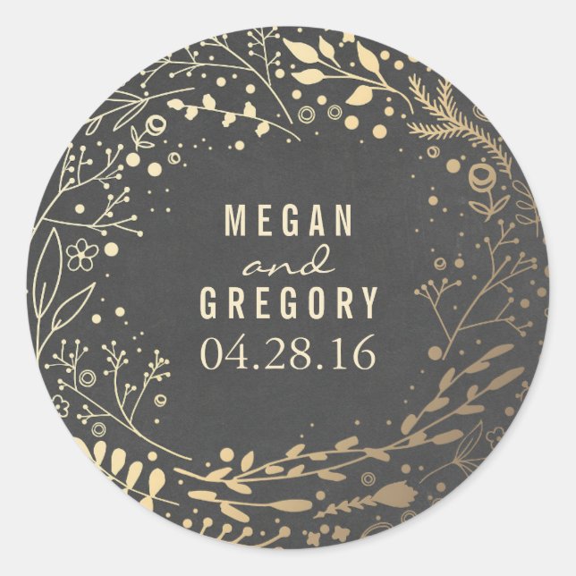 Gold Baby's Breath Floral Bouquet Chalkboard Classic Round Sticker (Front)