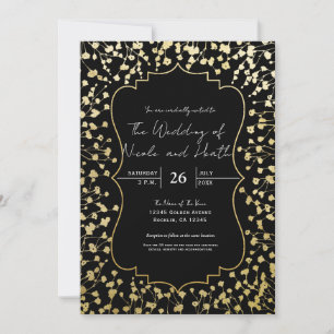 Gold Baby's Breath Floral Elegant Black Wedding Invitation