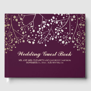 Gold Baby's Breath Floral Elegant Plum Wedding Guest Book