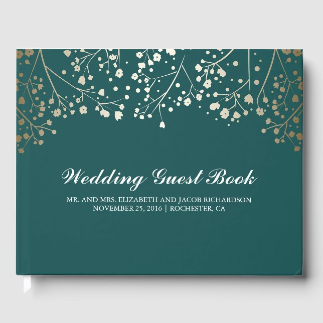 Gold Baby's Breath Floral Elegant Teal Wedding Guest Book (Front)