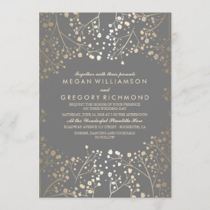 Gold Baby's Breath Floral Grey Wedding Invitation