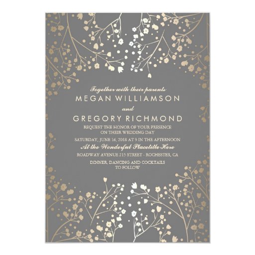 Image of Gold Baby's Breath Floral Grey Wedding Invitation