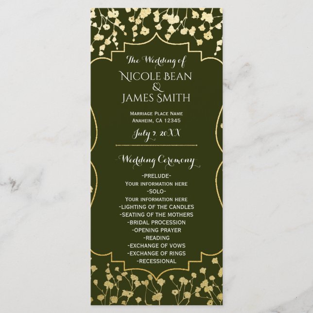 Gold Baby's Breath Floral Olive Wedding Program Programme (Front)