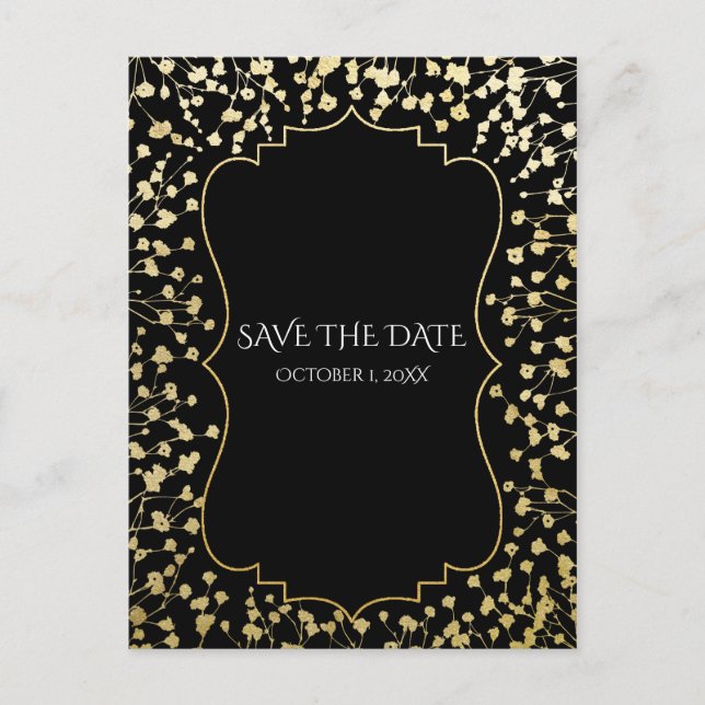 Gold Baby's Breath Floral Rustic Black Save Date Announcement Postcard (Front)