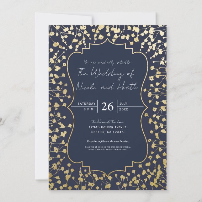 Gold Baby's Breath Floral Rustic Blue Wedding Invitation (Front)