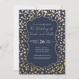 Gold Baby's Breath Floral Rustic Blue Wedding Invitation
