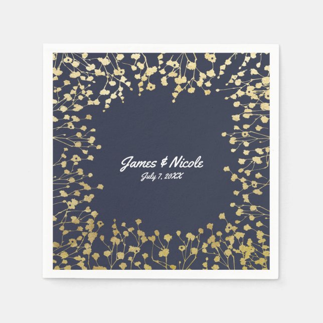 Gold Baby's Breath Floral Rustic Blue Wedding Napkin (Front)