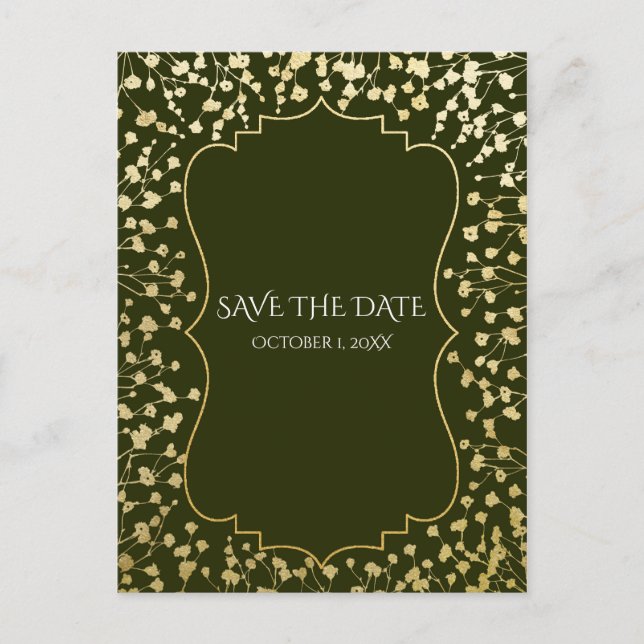 Gold Baby's Breath Floral Rustic Green Save Date Announcement Postcard (Front)