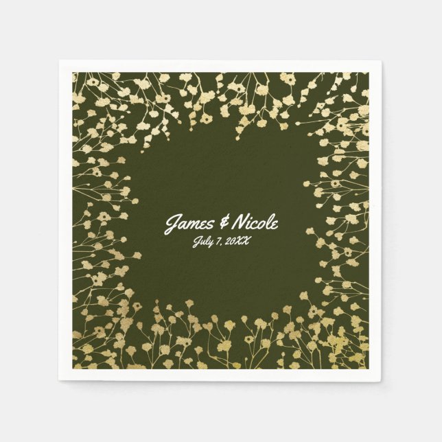Gold Baby's Breath Floral Rustic Olive Green Napkin (Front)