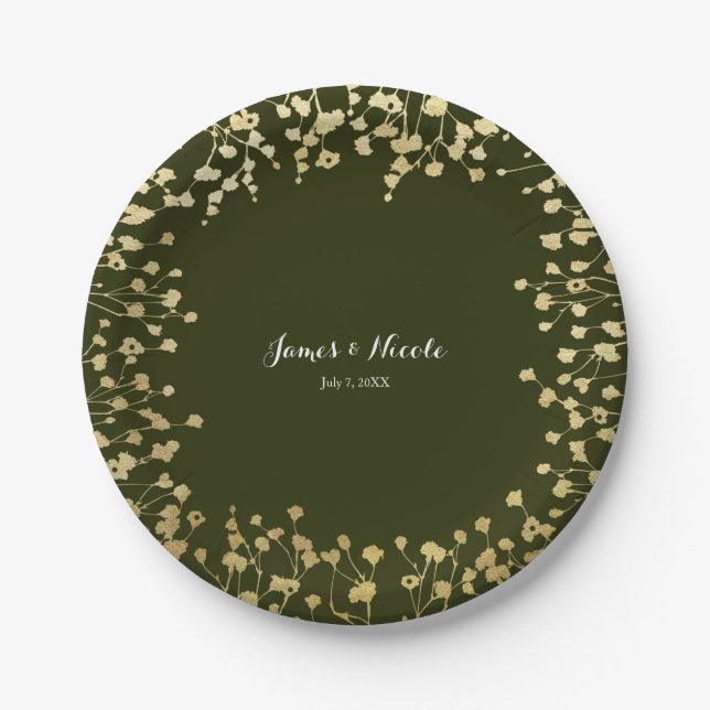 Gold Baby's Breath Floral Rustic Olive Green Paper Plate (Front)