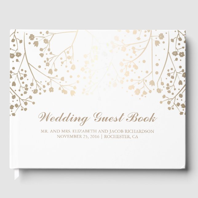 Gold Baby's Breath Floral White Elegant Wedding Guest Book (Front)
