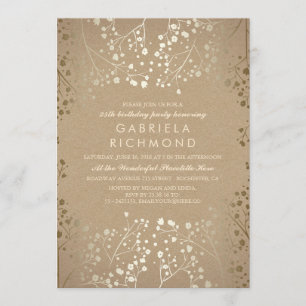 Gold Baby's Breath Kraft Birthday Party Invitation