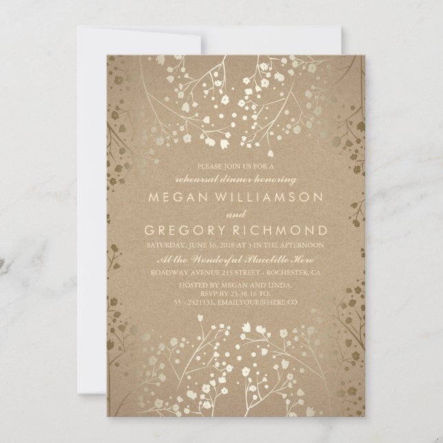 Gold Baby's Breath Kraft Rehearsal Dinner Invitation (Front)