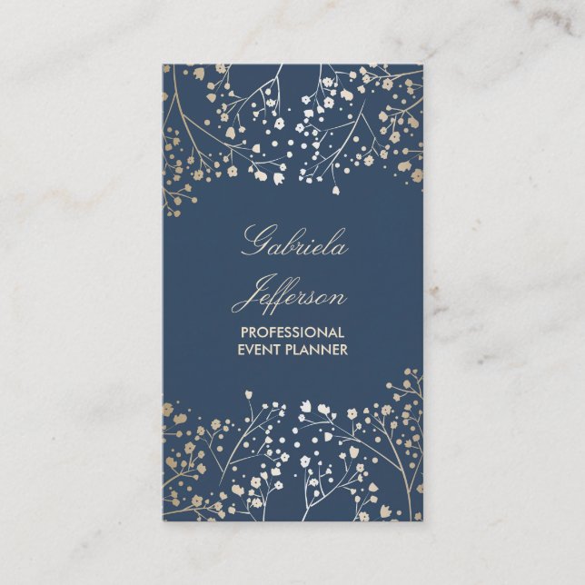 Gold Baby's Breath Navy Business Card (Front)