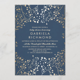 Gold Baby's Breath Navy Elegant Baby Shower Invitation