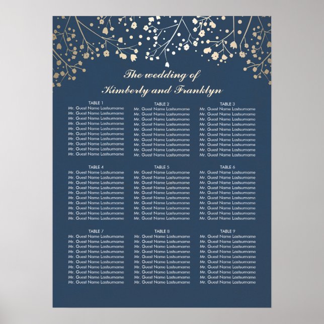 Gold Baby's Breath Navy Wedding Seating Chart (Front)