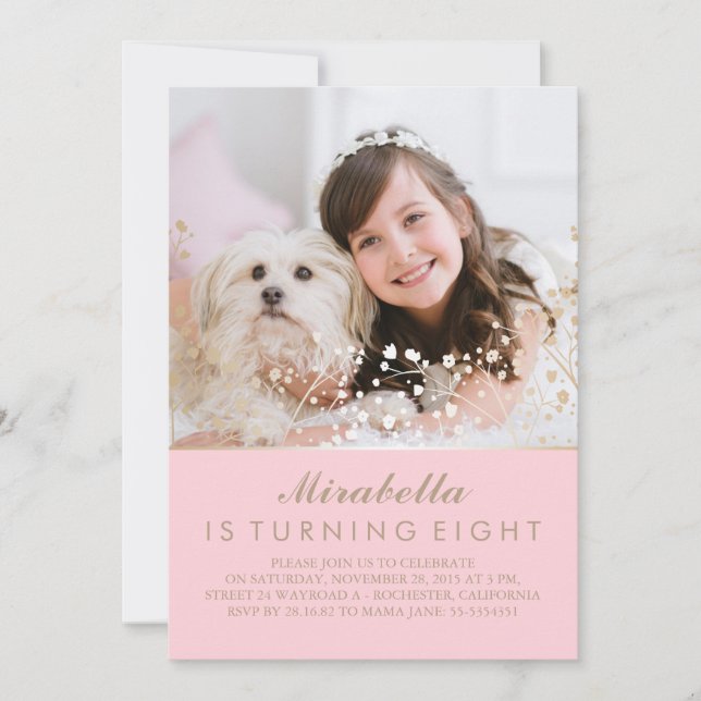 Gold Baby's Breath Pink Photo Birthday Party Invitation (Front)