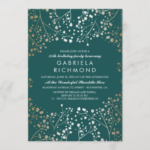Gold Baby's Breath Teal Elegant Birthday Party Invitation