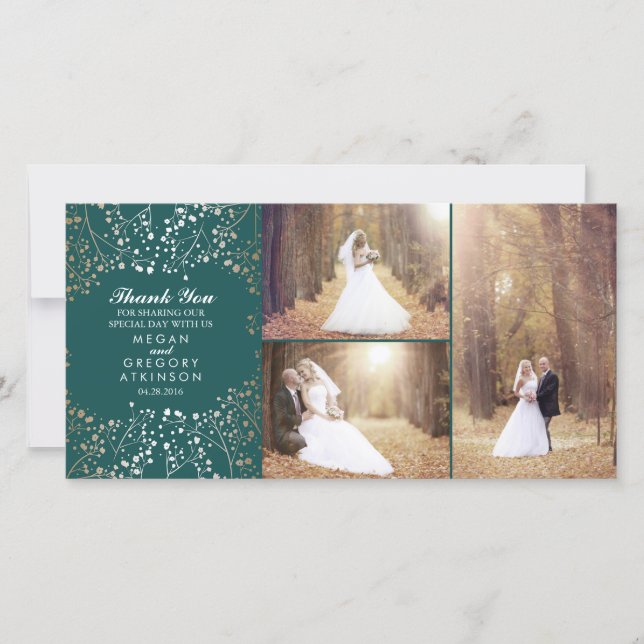 Gold Baby's Breath Teal Wedding Photo Thank You (Front)