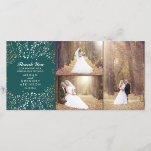 Gold Baby's Breath Teal Wedding Photo Thank You Card