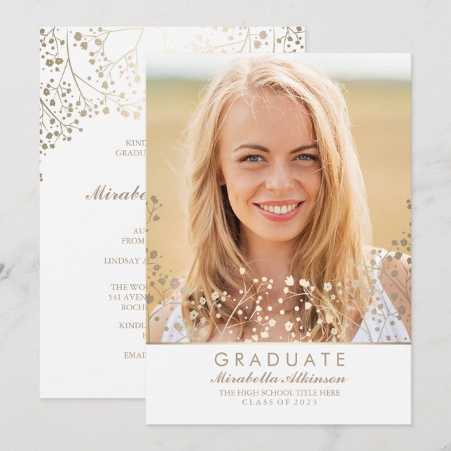 Gold Baby's Breath White Photo Graduation Invitation (Front/Back)