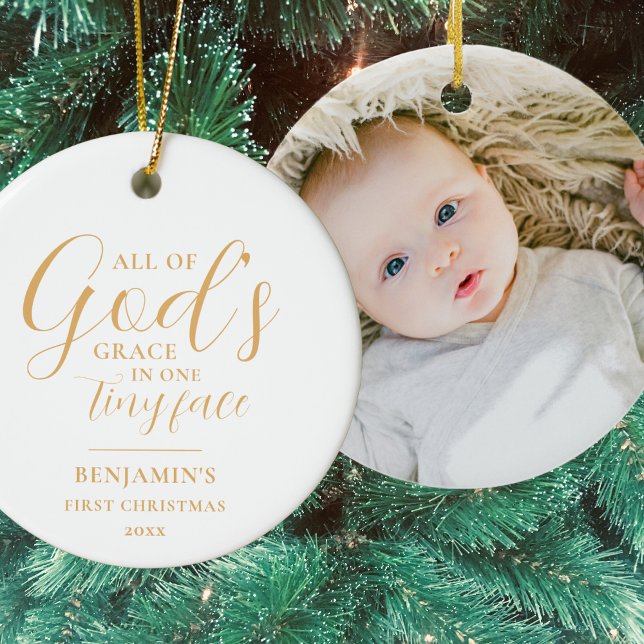Gold Baby's First Christmas Religious Christmas Ceramic Tree Decoration (Religious Baby's First Christmas ornament with a simple, minimalist, gold and white design)