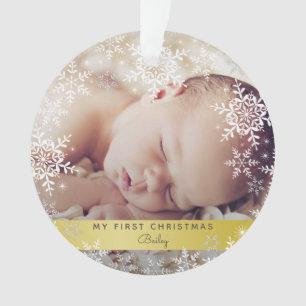 Gold Baby's First Christmas Snowflakes Photo Ornament