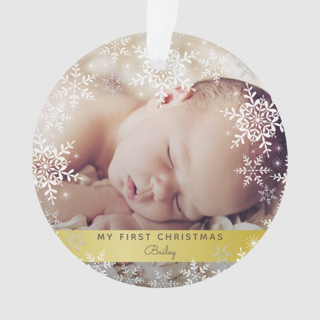 Gold Baby's First Christmas Snowflakes Photo Ornament (Front)