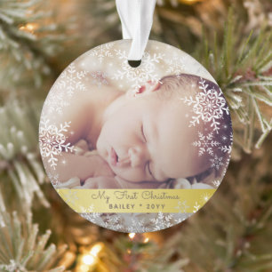 Gold Baby's First Christmas Snowflakes Photo Ornament