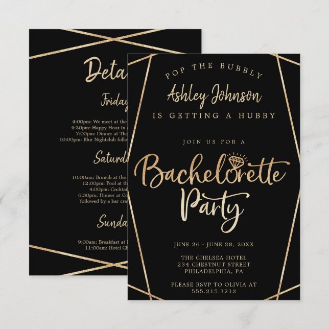 Gold Bachelorette Party Invitations - Itinerary (Front/Back)