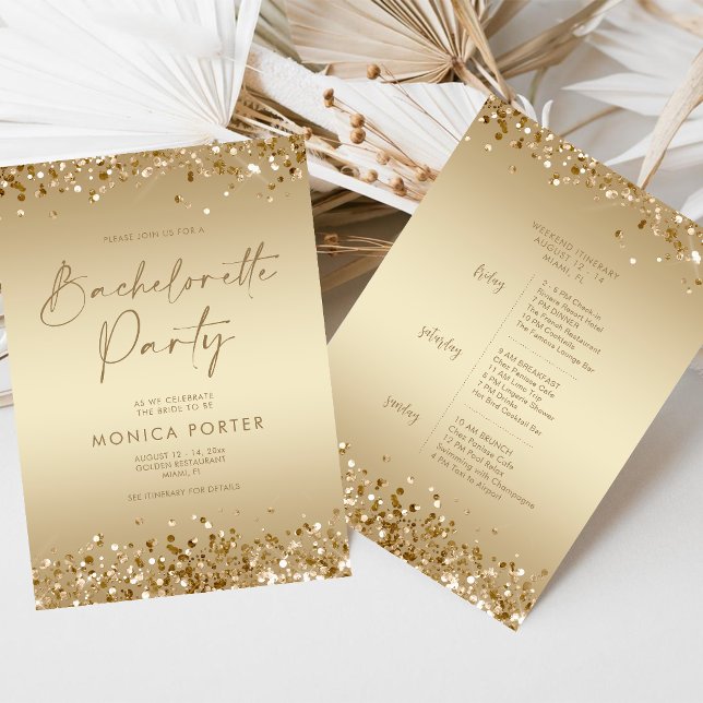 Gold Bachelorette Party Itinerary, Hen Weekend Invitation (Gold Bachelorette Party Itinerary, Hen Weekend Invitation)
