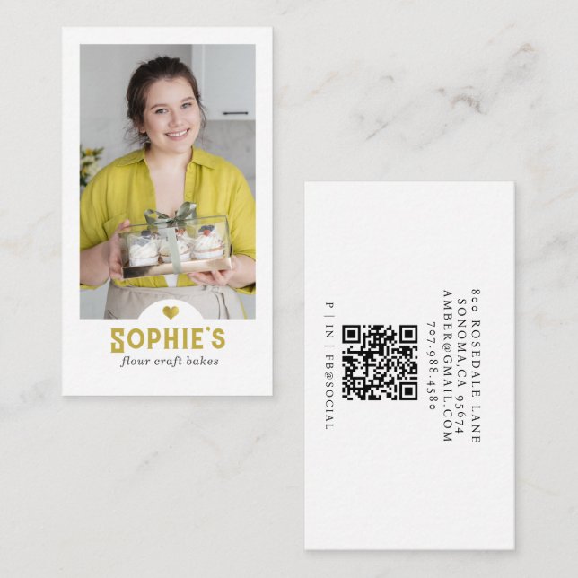 Gold Baker Pastry Chef Photo QR Code Business Card (Front/Back)